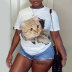 Camiseta informal de manga corta con cuello redondo y estampado de gatos de talla grande NSLBT130196
