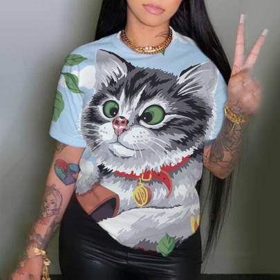 Plus Size Cute Cat Print Loose Crew Neck T-Shirt NSLBT130195