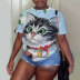 Camiseta holgada con cuello redondo y estampado de gatos de talla grande NSLBT130195