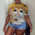 Camiseta de manga corta con cuello redondo y estampado de gatos de talla grande NSLBT130194
