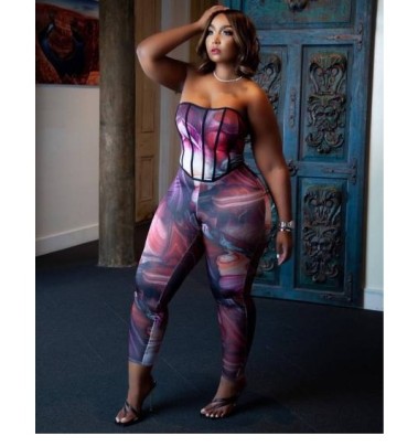 Plus Size Print Tube Top Backless High Waist Tight Vest And Trousers Set NSFH130029