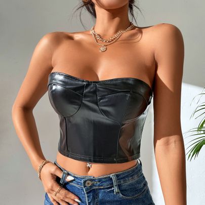 Solid Color PU Leather Wrap Chest Crop Vest NSSCY130232