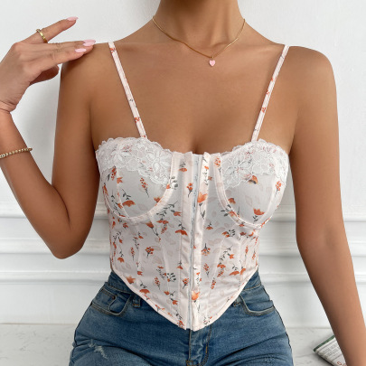 Breasted Buckle Printing Backless Lace Camisole NSSCY130237
