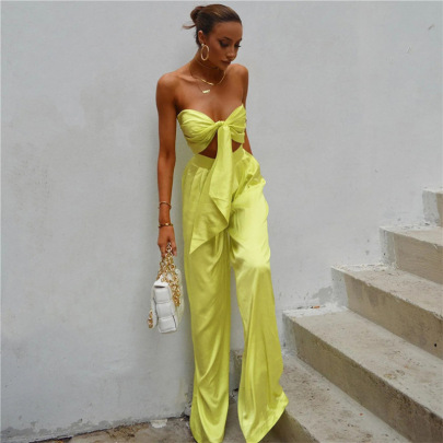 Tube Top Lace-up High Waist Wide Leg Solid Color Vest And Pants Suit NSCOK130253