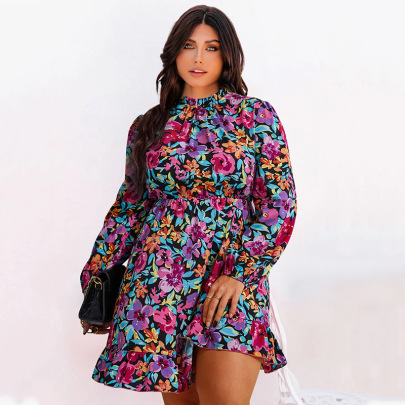 Plus Size Floral Printed Loose Long Sleeve Dress NSHZ130277