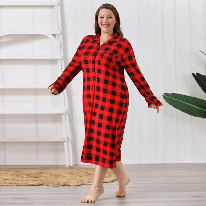 Plus Size Lapel Long Sleeve Loose Plaid Nightdress Loungewear-Can Be Worn Outside NSWFC130321