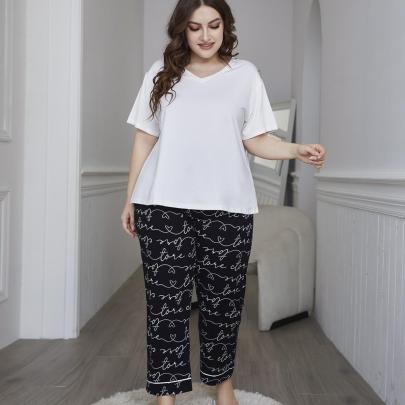 Plus Size Print Short Sleeve V Neck Loose Two-piece Loungewear-Can Be Worn Outside NSWFC130334