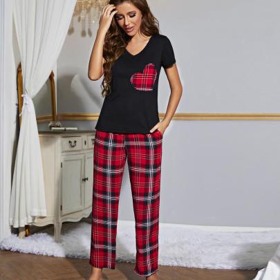 V-neck Short Sleeve Slim Wide-leg Plaid Two-piece Loungewear-Can Be Worn Outside NSWFC130337