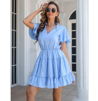 Short-sleeved Ruffled Lace-up Large Swing V Neck Solid Color Chiffon Dress NSMY130071