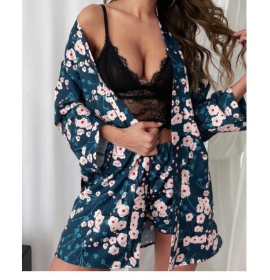 Floral Loose Suspender Vest Shorts Bathrobe Three-piece Loungewear-Can Be Worn Outside NSLTS129969