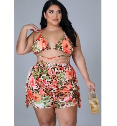 Plus Size Ruffled Hanging Neck Wrapped Chest Flower Leopard Print Swimsuit Two-piece Set NSFH130026