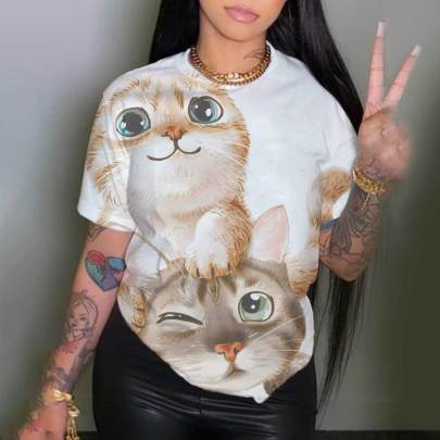 Plus Size Cute Cat Print Crew Neck Loose T-Shirt NSLBT130612