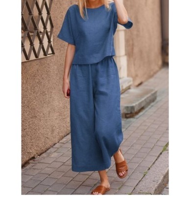 Short-sleeved Round Neck High Waist Wide-leg Loose Solid Color T-shirt And Pant Set NSFH130034