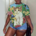 plus size floral Cat Print short sleeve casual T-Shirt NSLBT130600