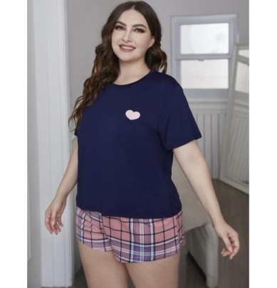 Plus Size Short Sleeve Round Neck Loose Plaid Two-piece Loungewear-Can Be Worn Outside NSWFC130308