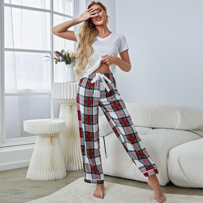Short-sleeved V Neck Loose Plaid Two-piece Loungewear-Can Be Worn Outside NSWFC130341
