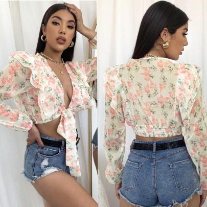 V-neck Long-sleeved Lace-up Flower Printed Chiffon Tops NSJKW132769