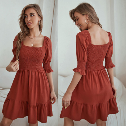 Mid-sleeve Square Neck Slim Stretch Solid Color Dress NSJKW132573