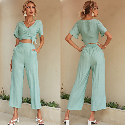V Neck Short Sleeve Lace-up High Waist Wide-leg Solid Color Top And Pant Set NSJKW132570