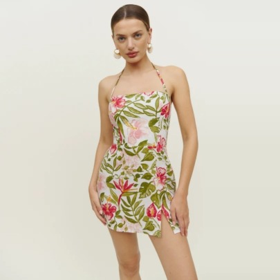 Slim Hanging Neck Backless Slit Flower Print Dress NSXDX132715