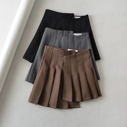 Solid Color College Style Irregular Hem Pleated Skirt NSXDX132721