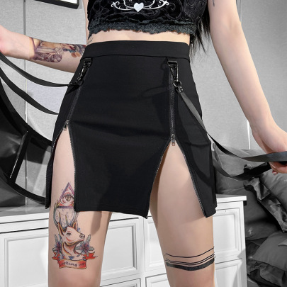 Zipper Solid Color Gothic Slit Tight High Waist Skirt NSGYB132775