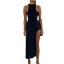mid-waist high slit sleeveless round neck slim solid color dress NSBDX132790