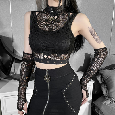 Gothic Stand Collar Slim Solid Color Mesh Perspective Vest With Sleeve Covers NSGYB132774
