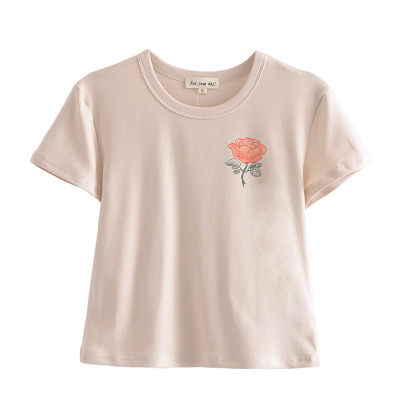 Rose Letter Printed Short-sleeved Round Neck T-shirt NSAM132863