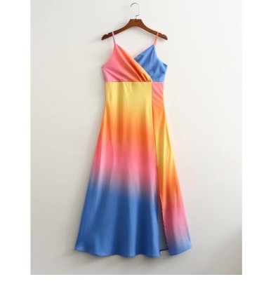 Slit Suspender Backless Slim Gradient Color Dress NSAM132856