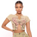 slit short-sleeved slim short butterfly print T-shirt NSMX133506