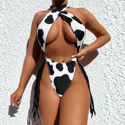 Cross Backless Stitching Wrap Chest High Waist Cow Print One-piece Swimsuit NSLKL133558
