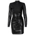 Long Sleeve round neck tight solid color pu leather Dress NSLKL133559