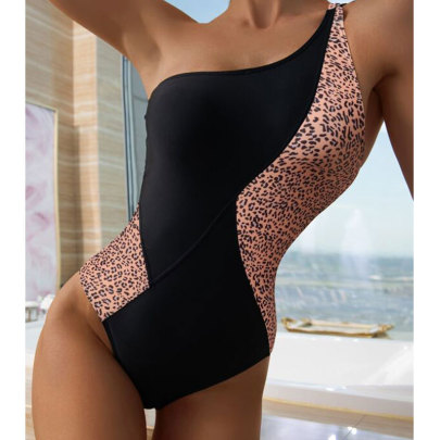 Single-shoulder Sling Slim Leopard Print One-piece Swimsuit NSLRS133561