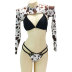 conjunto de tres piezas de bikini con estampado de leopardo y manga larga con cuello colgante, cintura alta y pecho cruzado NSLRS133565