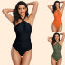 backless hanging neck slim high waist sleeveless solid color one-piece swimsuit NSLRS133569