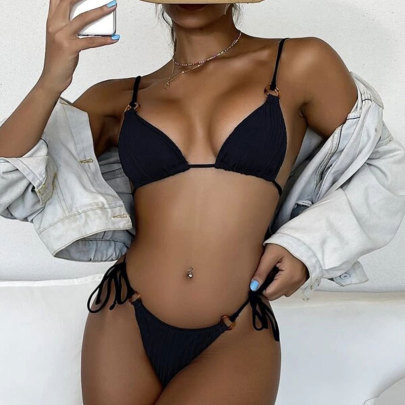 Lace-up Wrap Chest Sling Backless Solid Color Bikini Two-piece Set NSLRS133579