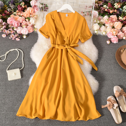 Suit Collar Short Sleeve Lace-up Waist Solid Color Dress-Multicolor NSYXG133616