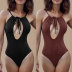 High Waist backless hollow lace-up solid color One Piece Swimsuit NSLRS133657