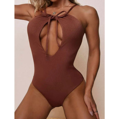 High Waist Backless Hollow Lace-up Solid Color One Piece Swimsuit NSLRS133657