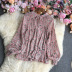 chiffon pleated floral puff sleeves retro lace-up top NSYXG133715