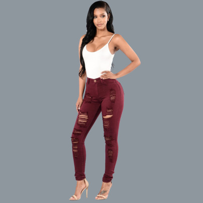 Ripped Slim High Waist Solid Color Jeans NSWL133719