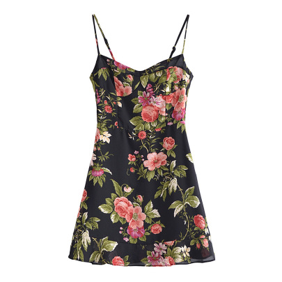 Retro Slim Suspender Backless Floral Print Dress NSAM133720