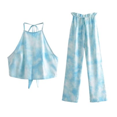 Hanging Neck Backless Lace-up High Waist Tie-dye Satin Vest And Pant Set NSAM133722
