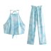 hanging neck backless lace-up high waist tie-dye satin vest and pant set NSAM133722