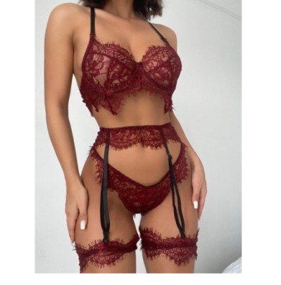 Sexy Sling Wrap Chest High Waist Solid Color Lace Underwear Set NSLTS133664