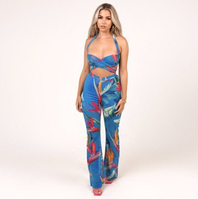 Printing Hanging Neck Backless Lace-up Vest And High Waist Flared Trousers Suit NSBDX132795