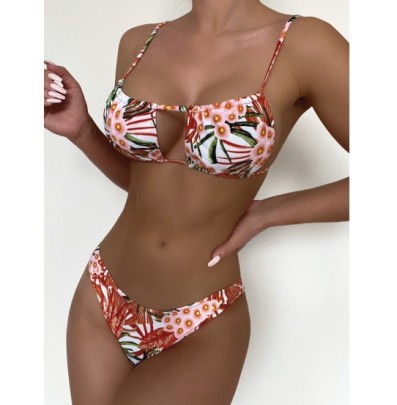Printed Hollow Sling Backless Lace-up Bikini Two-piece Set NSCSM132784