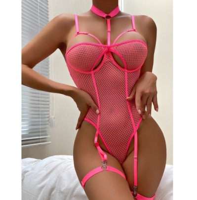 Hanging Neck Sling Hollow Wrap Chest Solid Color See-thriugh One-piece Underwear NSRBL132836