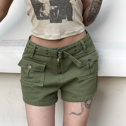 Pocket Stitching Slimming Low-waist Belt Solid Color Shorts NSSSN132849